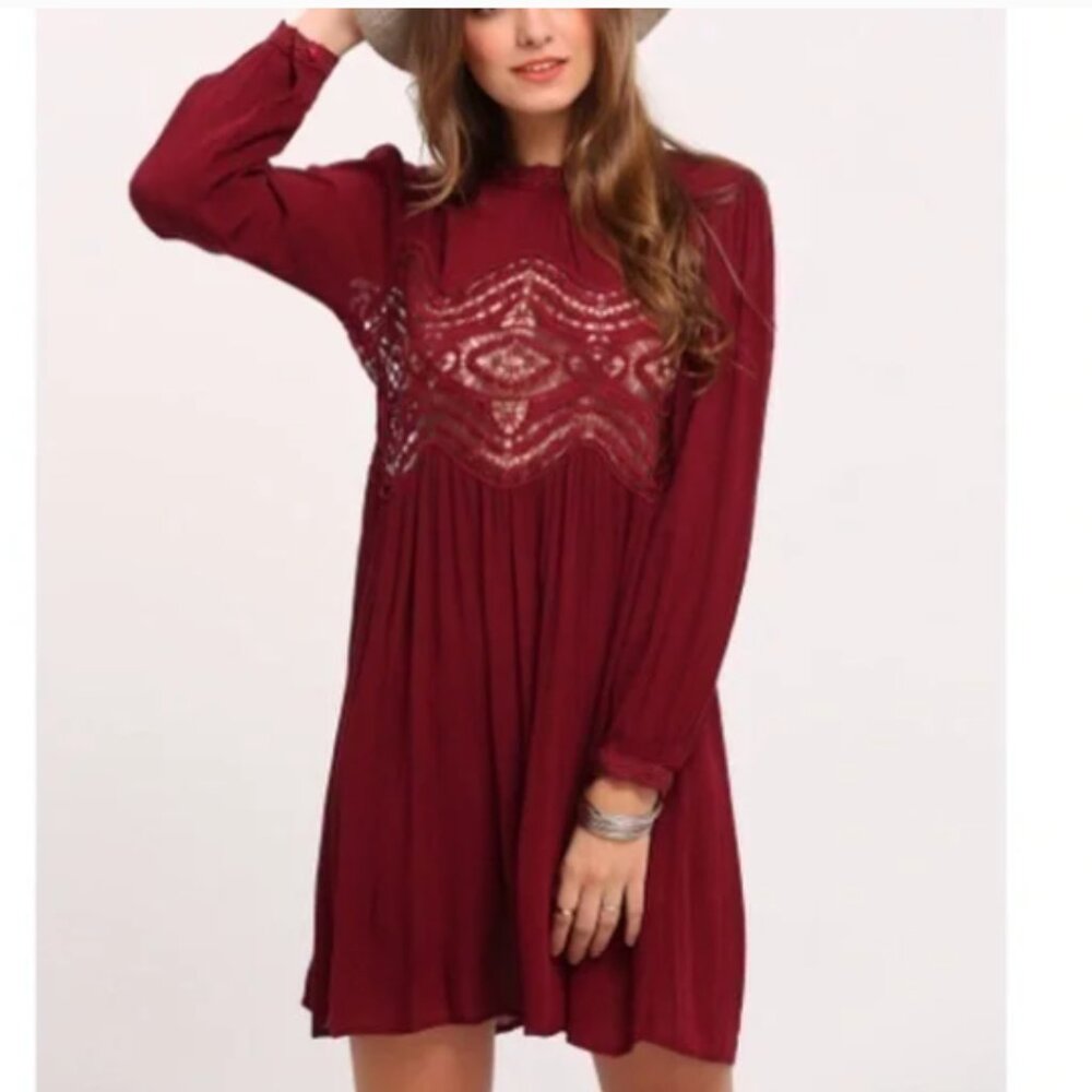 Free People lace-detail burgundy mini dress